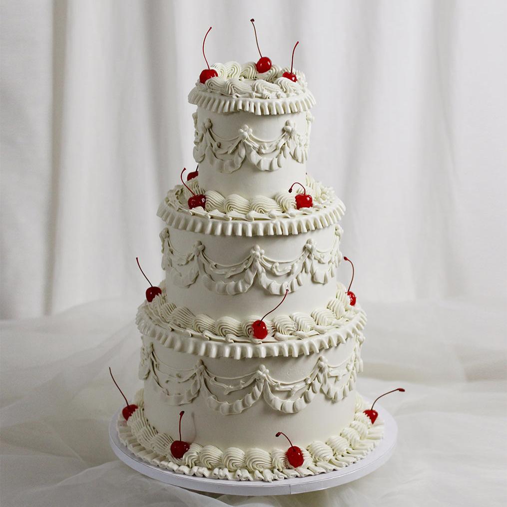 3-tier 50-60 servings vintage cake with red cherries add-on - classic frills, for classic couples <3