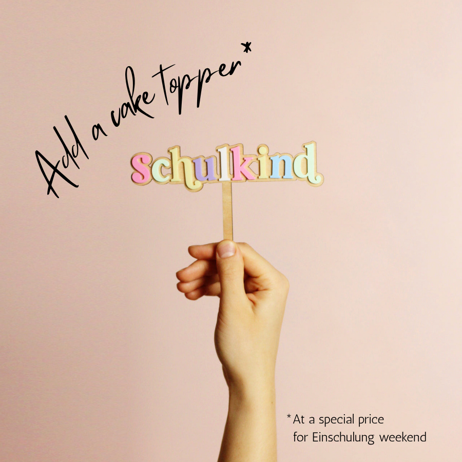 Celebrate their first day of school with a beautiful pastel "Schulkind" cake topper. Add it to your Cakes Berlin order at a special price for Einschulung!