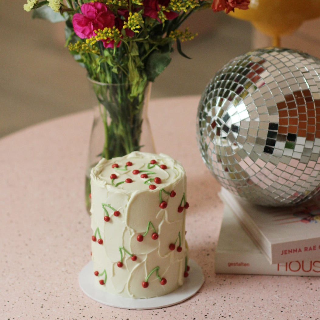 Mini cherry birthday cake - but make it disco!!