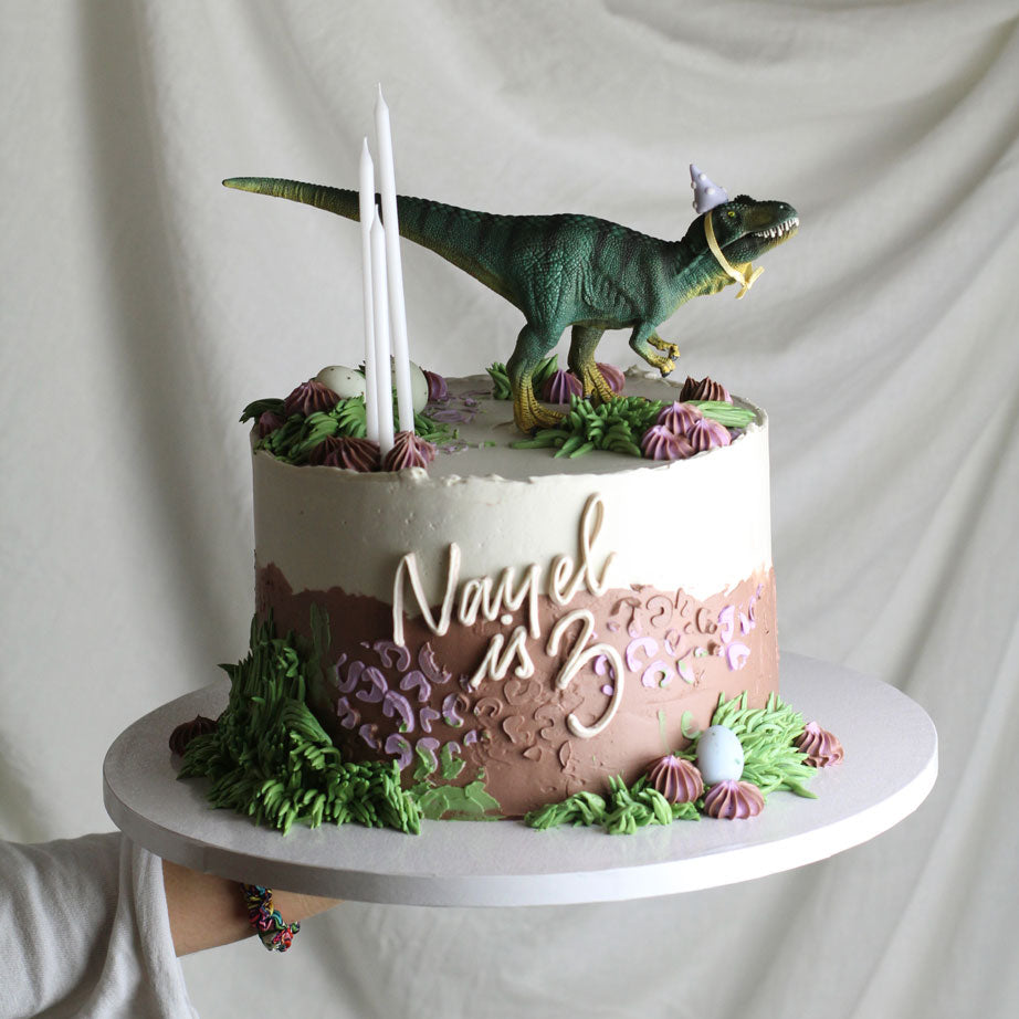 Dino cake in earthy shades of brown and green with a hint of purple.
