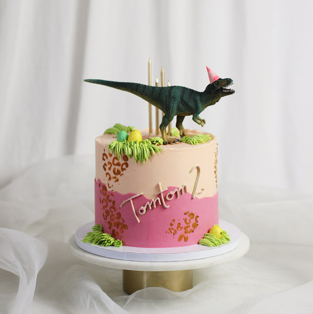 Dino cake in a gorgeous mix of pink &amp; orange with hints of green.