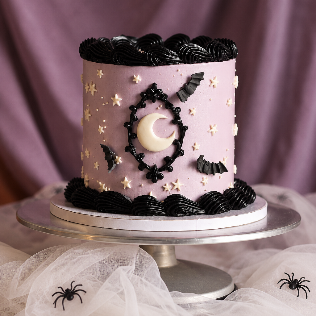 A delicious, creepy vintage cake decorated with night sky details on a spiderweb stand. Join our halloween cake decorating workshop in Berlin and learn to make that instagrammable cake yourself. A super fun activity for friends! Tolles To-Do in Berlin für alle Cake Lovers. Perfekt für deine nächste Halloween Party!