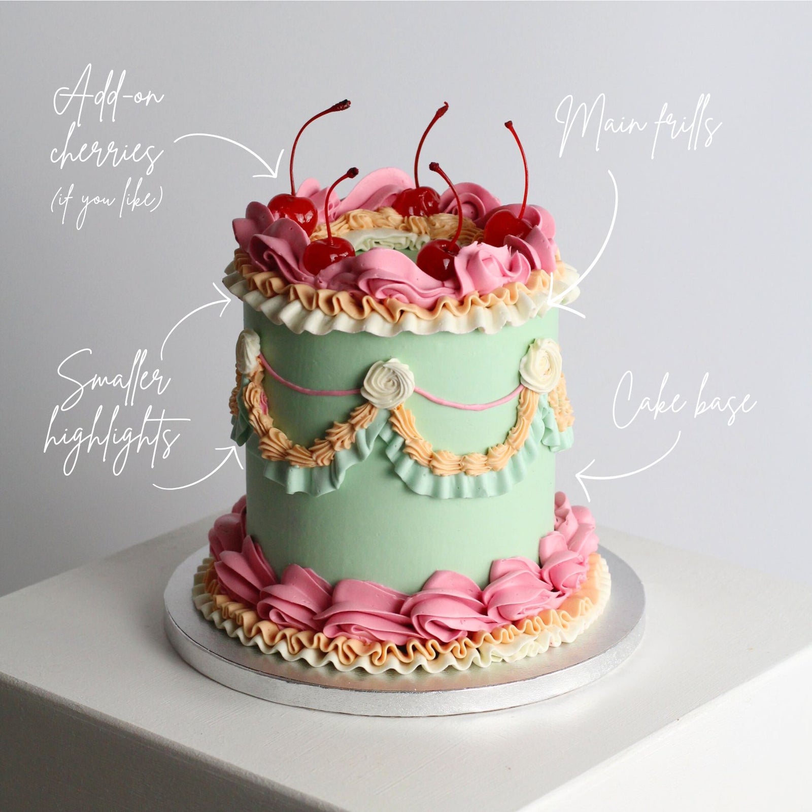 Vintage style frill cake in gorgeous pastel mix frills, with red cherries. hand made in our kreuzberg studio - delivered in Berlin