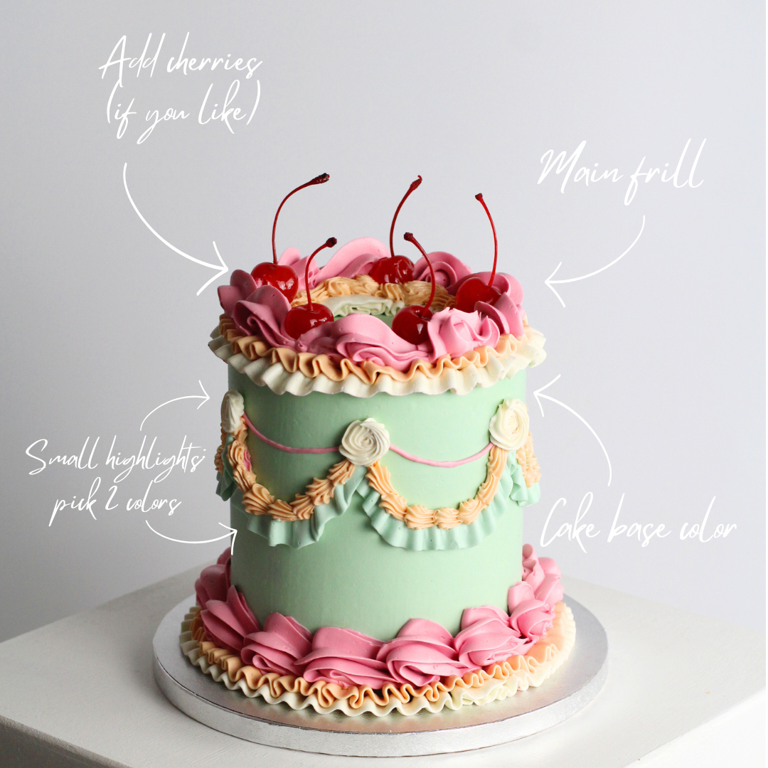 Vintage style frill cake in gorgeous pastel mix frills, with red cherries. hand made in our kreuzberg studio - delivered in Berlin