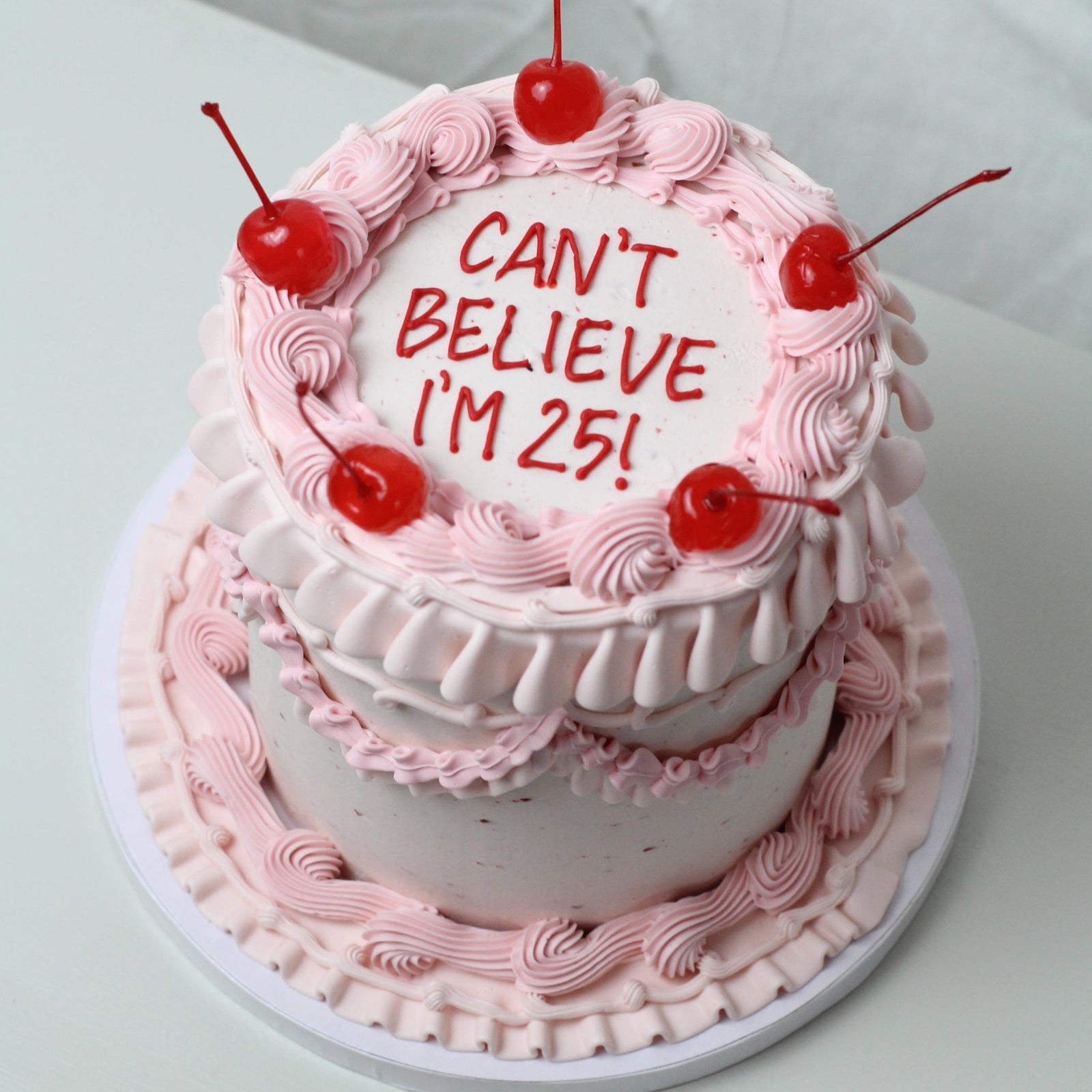 It´s paarty time! Vintage frilly buttercream icing with a piped message and cherries on top - the perfect party cake.