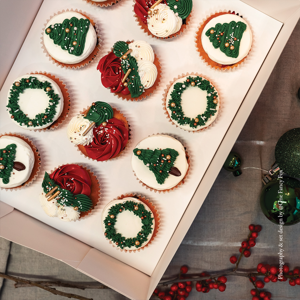Christmas cupcakes in red, green, and white, perfect for holiday parties, festive dessert tables, and seasonal celebrations.