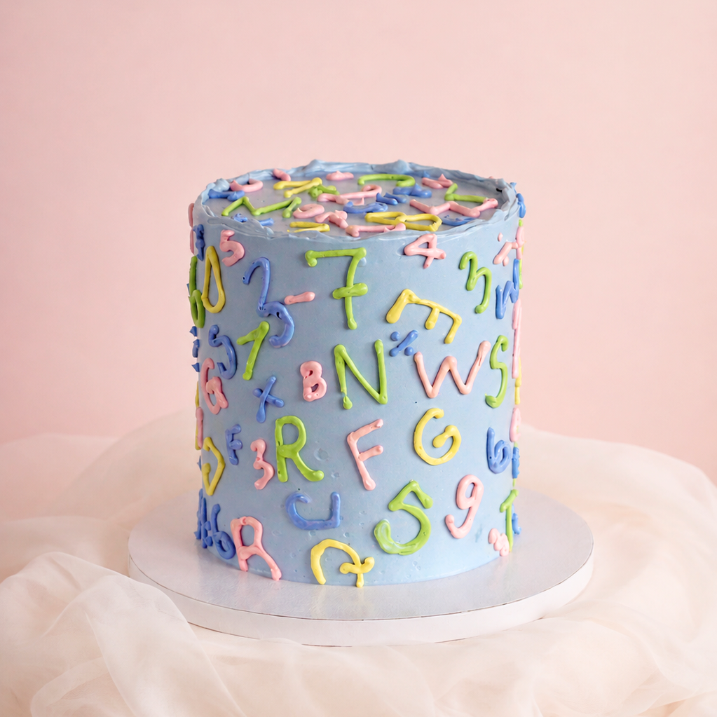 Celebrate the first day of school with this retro 90s-style ABC 123 cake, inspired by the classic Einschulung torte. Featuring hand-drawn letters and numbers in vibrant pop colors against a pastel background, it's the ultimate treat for unforgettable Einschulung enrollment parties and milestone celebrations.