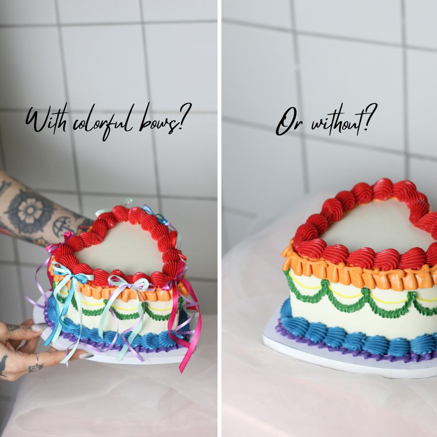 Heart-shaped Pride cake with rainbow vintage buttercream piping and optional colorful silk bow decoration. A joyful centerpiece for Pride Month, June celebrations, Berlin Pride events, birthdays, and colorful gatherings. 🌈🎀
