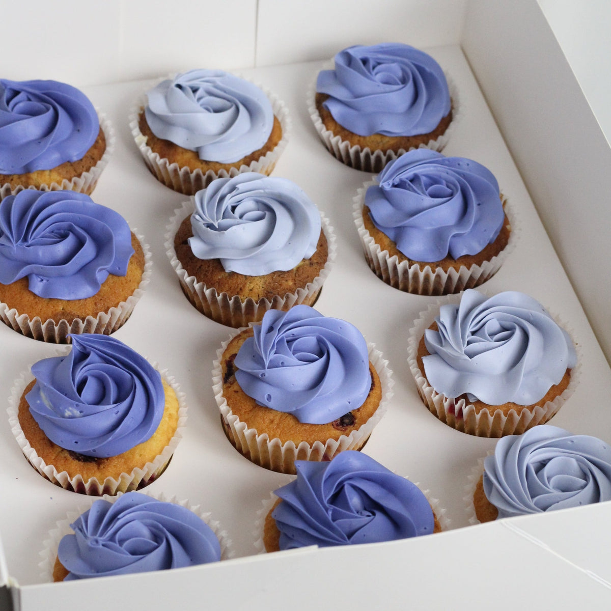 Cupcakes - our smallest sweet treats with fun blue/ simple rosette buttercream piping!