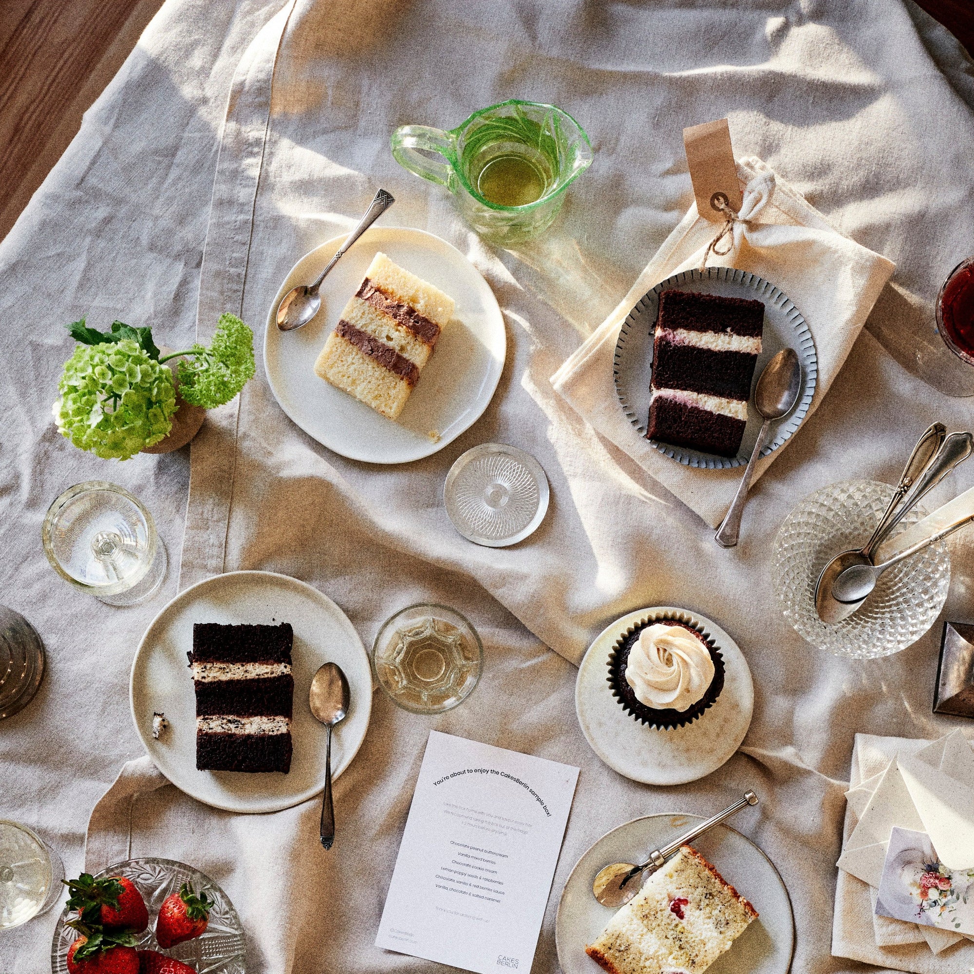 Some of the pieces of cake from our sample box.
Cake picnic or sample before you order your wedding cake!

Photo taken by Claudia Gödke