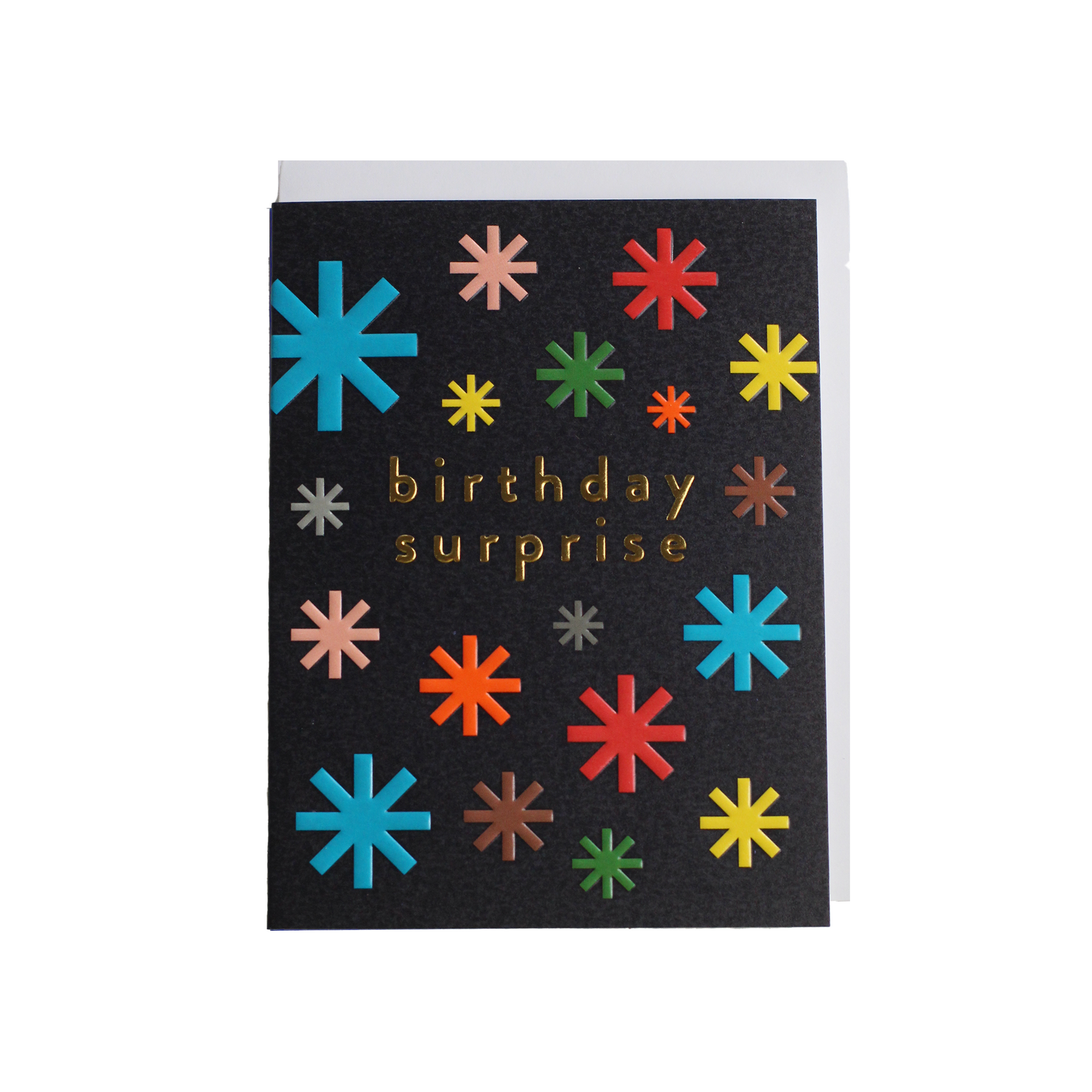 Greeting card with "birthday surprise" text, comes with envelope.